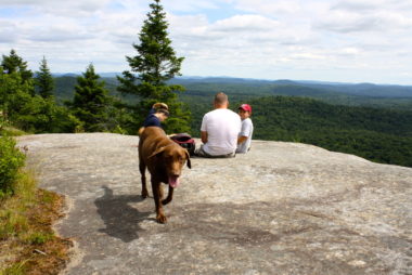 three people with brown dog sitting on a rock overlooking the Adirondacks